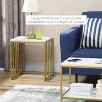 HOMCOM Lot de 2 tables basses gigognes carrés - plateau blanc aspect marbre et pied en métal doré(m-6)