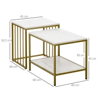 HOMCOM Lot de 2 tables basses gigognes carrés - plateau blanc aspect marbre et pied en métal doré(m-3)