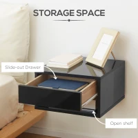 HOMCOM 2 Pieces Bedside Table Wall Mounted Nightstand with Drawer and Shelf for Bedroom, 37 x 32 x 21cm, High Gloss Black(m-6)