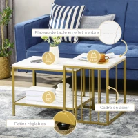 HOMCOM Lot de 2 tables basses gigognes carrés - plateau blanc aspect marbre et pied en métal doré(m-5)