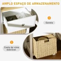 HOMCOM Mesa de Cabeceira Moderna com Gaveta de Armazenamento e Cesto de Vime Dobrável 49x39x64 cm Branco e Madeira(m-5)