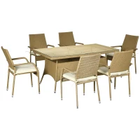 Outsunny Set de Gradina din Ratan de 7 Bucati cu Masa Patrata si 6 Scaune pentru Pranz cu Perne Capitonate, Culoare Nisip si Bej(m-1)