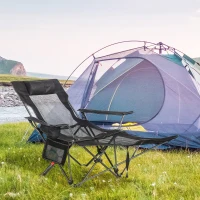 Outsunny Scaun pliant pentru camping cu spatar inclinabil si suport pentru picioare, scaun pliabil cu suport pentru pahare si buzunar, 58x148x90cm, negru(m-2)