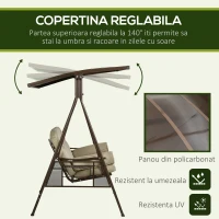Outsunny Balansoar de Gradina 3 Locuri din Otel si Poliester cu Baldachin Rabatabil din PC si Perne pentru Spatar si Brate, 208x120x174 cm, Maro si Kaki(m-5)