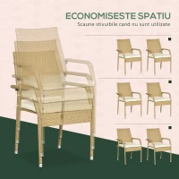 Outsunny Set de Gradina din Ratan de 7 Bucati cu Masa Patrata si 6 Scaune pentru Pranz cu Perne Capitonate, Culoare Nisip si Bej(m-6)