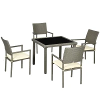Outsunny Set de Exterior din Ratan PE de 5 Piese, Masa de Gradina cu Blat din Sticla si  4 Scaune cu Perne, Gri(m-1)