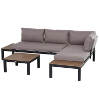 Outsunny 3Pcs Aluminium Frame Garden Lounging Set w/ Sofa Chaise Lounge Coffee Table Foam Cushions(m-1)