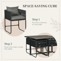 Outsunny Set de Gradina 5 Bucati din Ratan PE si Otel, 4 Scaune de Exterior cu Perne Capitonate si Masa Dreptunghiulara cu Blat din Plastic, Negru si Gri(m-7)