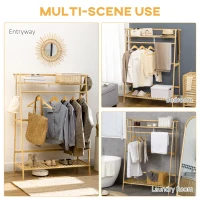 HOMCOM Cuier Inaltat din Bambus pe 2 Nivele cu Bara si 2 Carlige pentru Sufragerie, Hol si Dormitor, 114x40x139 cm, culoare Lemn Natur(m-6)