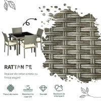 Outsunny Set de Exterior din Ratan PE de 5 Piese, Masa de Gradina cu Blat din Sticla si  4 Scaune cu Perne, Gri(m-4)