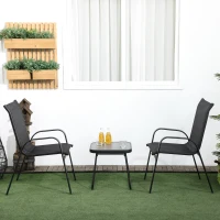 Outsunny Set Bistro de Exterior din 3 piese, Fotolii Stivuibile pentru Terasa cu Tesatura de Plasa Care Permite Circulatia Aerului si Placa PSC, Masuta de Cafea, Negru(m-7)