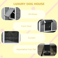 PawHut Cusca pentru Caini Talie Mica si Medie din Lemn de Brad, Design Inaltat cu Perdea de Protectie, 2 Ferestre si Baza Detasabila, 109x79x72 cm(m-7)