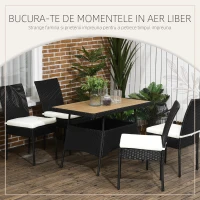 Set de gradina 5 bucati cu masa si 4 scaune pentru exterior din otel si ratan PE cu perne cu husa detasabila, negru(m-4)