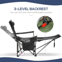 Outsunny Scaun pliant pentru camping cu spatar inclinabil si suport pentru picioare, scaun pliabil cu suport pentru pahare si buzunar, 58x148x90cm, negru(m-5)