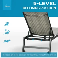 Outsunny Sezlong de Gradina din Ratan si Aluminiu cu Spatar Reglabil in 5 Pozitii si Roti, 162x60x90 cm, Nergru si Gri(m-5)