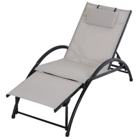Outsunny Outdoor Lounger Patio Reclining Texteline Chair w/ Pillow, Adjustable Footrest Beige(m-1)