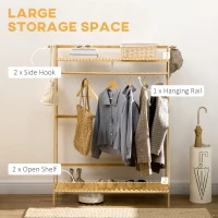 HOMCOM Cuier Inaltat din Bambus pe 2 Nivele cu Bara si 2 Carlige pentru Sufragerie, Hol si Dormitor, 114x40x139 cm, culoare Lemn Natur(m-4)