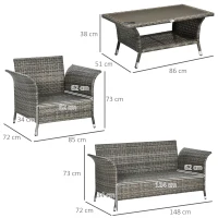 Outsunny Set de Gradina 4 Bucati Gri din Ratan PE si Otel, Masuta de Cafea pe 2 Nivele, Canapea de Exterior si 2 Scaune Moderne cu Sezuta Capitonata(m-3)