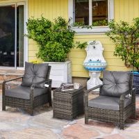 Outsunny 3 Pieces Rattan Bistro Set, Wicker Garden Furniture Set with Storage  Coffee Table and Chairs, Thickened Cushions for Outdoor, Patio, Balcony, Grey(m-10)