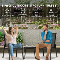 Outsunny Set Bistro de Exterior din 3 piese, Fotolii Stivuibile pentru Terasa cu Tesatura de Plasa Care Permite Circulatia Aerului si Placa PSC, Masuta de Cafea, Negru(m-4)