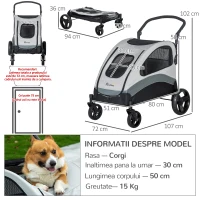 Pawhut Carucior Caini – Talie Medie cu 4 Roti & Plasa Oxford(m-3)
