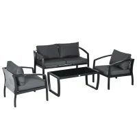 Outsunny Gartenmöbel-Set für 4 Personen, 1 Glastisch, 1 Sofa, 2 Sessel, wetterbeständig, Grau +Schwarz(m-1)