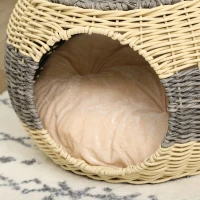 PawHut Wicker Cat House, Rattan Raised Cat Bed, Cosy Kitten Cave with Soft Washable Cushion, Φ40 x 30cm(m-8)