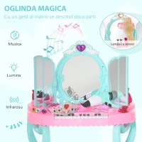 HOMCOM 2 in 1 cu pian muzical, masa de machiaj cu 32 de piese, jucarie pentru copii, cu kit de frumusete, oglinda, scaun, lumina, pentru 3-6 ani, roz+albastru(m-6)