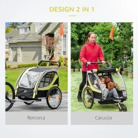 HOMCOM Remorca pentru bicicleta pentru copii 2 in 1, centura in 5 puncte, geanta de depozitare, reflector, steag, galben(m-4)