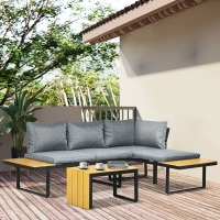Outsunny 3 Pieces Patio Furniture Set - Outdoor Garden Sofa Conversation Set with Padded Cushions, Wood Grain Plastic Top Table and Side Panel, Dark Grey(m-10)