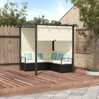 Outsunny Gartenmöbel-Set für 4 Personen aus PE-Rattan mit Pergola, wetterbeständig, abnehmbare Bezüge,Schwarz+Beige(m-2)