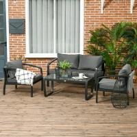 Outsunny Gartenmöbel-Set für 4 Personen, 1 Glastisch, 1 Sofa, 2 Sessel, wetterbeständig, Grau +Schwarz(m-2)