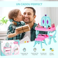 HOMCOM 2 in 1 cu pian muzical, masa de machiaj cu 32 de piese, jucarie pentru copii, cu kit de frumusete, oglinda, scaun, lumina, pentru 3-6 ani, roz+albastru(m-4)