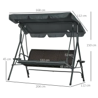 Outsunny Baloiço de Jardim de 3 Lugares com Toldo Ajustável Assento de Vime 2 Suporte para Capos 2 Bandejas 204x112x150 cm Cinza(m-3)