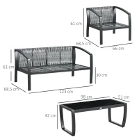 Outsunny Gartenmöbel-Set für 4 Personen, 1 Glastisch, 1 Sofa, 2 Sessel, wetterbeständig, Grau +Schwarz(m-3)