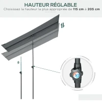 Outsunny Parasol de jardin inclinable auvent plat hauteur réglable polyester Anti-UV dim. 180L x 130l x 115-205H cm gris foncé(m-5)