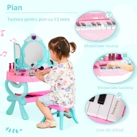 HOMCOM 2 in 1 cu pian muzical, masa de machiaj cu 32 de piese, jucarie pentru copii, cu kit de frumusete, oglinda, scaun, lumina, pentru 3-6 ani, roz+albastru(m-7)