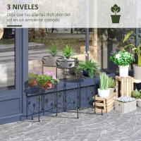 Outsunny Soporte de Metal para Plantas Macetas Plegable Estantería para Flores con 3 Estantes Decoración Interiores Exteriores para Jardín Terraza Balcón 74x23x62 cm Negro(m-4)