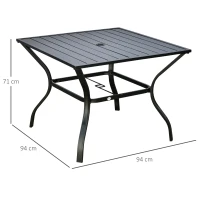 Outsunny 94 x 94 cm Garden Table with Parasol Hole, Outdoor Dining Garden Table for Four with Slatted Metal Plate Top, Black(m-3)