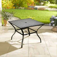 Outsunny 94 x 94 cm Garden Table with Parasol Hole, Outdoor Dining Garden Table for Four with Slatted Metal Plate Top, Black(m-10)