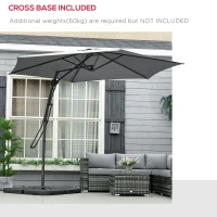Outsunny 3m Cantilever Parasol with Easy Lever, Patio Umbrella with Crank Handle, Cross Base and 6 Metal Ribs, Outdoor Sun Shades for Garden 360° Rotating, Grey(m-6)