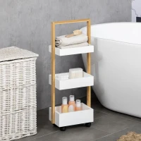 HOMCOM Carrinho de Casa de Banho de Bambu com Rodas e 3 Cestos de Armazenamento 28x18x75 cm Branco e Madeira(m-2)