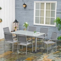 Outsunny Set de Gradina de Luat Masa din 7 Piese, Masa de Exterior si 6 Scaune Stivuibile, Cadru din Aluminiu, Masa cu Blat din Sticla Securizata, Scaune din Plasa, Gri(m-2)