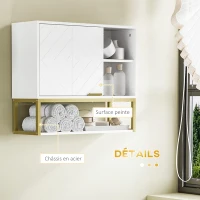 Kleankin Armoire murale de salle de bain avec niches placard étagère réglable en panneaux de particules - blanc doré(m-6)