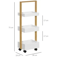 HOMCOM Carrinho de Casa de Banho de Bambu com Rodas e 3 Cestos de Armazenamento 28x18x75 cm Branco e Madeira(m-3)