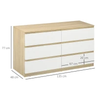 HOMCOM Cassettiera 6 Cassetti Moderna in Legno, 135x48x77cm, Bianco e Colore Legno(m-3)