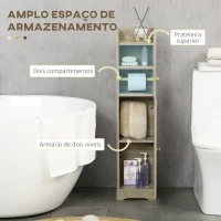 kleankin Armário Casa de Banho com Prateleira Ajustável e Suporte para Papel Higiênico 23x18x100 cm Cinza(m-4)