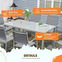Outsunny Set de Gradina de Luat Masa din 7 Piese, Masa de Exterior si 6 Scaune Stivuibile, Cadru din Aluminiu, Masa cu Blat din Sticla Securizata, Scaune din Plasa, Gri(m-6)