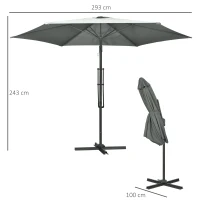 Outsunny 3m Cantilever Parasol with Easy Lever, Patio Umbrella with Crank Handle, Cross Base and 6 Metal Ribs, Outdoor Sun Shades for Garden 360° Rotating, Grey(m-3)
