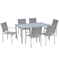 Outsunny Set de Gradina de Luat Masa din 7 Piese, Masa de Exterior si 6 Scaune Stivuibile, Cadru din Aluminiu, Masa cu Blat din Sticla Securizata, Scaune din Plasa, Gri(m-1)
